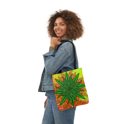 Beautifully Designed Orange, Yellow And Green Marijuana Leave Polyester Canvas Tote Bag (AOP)