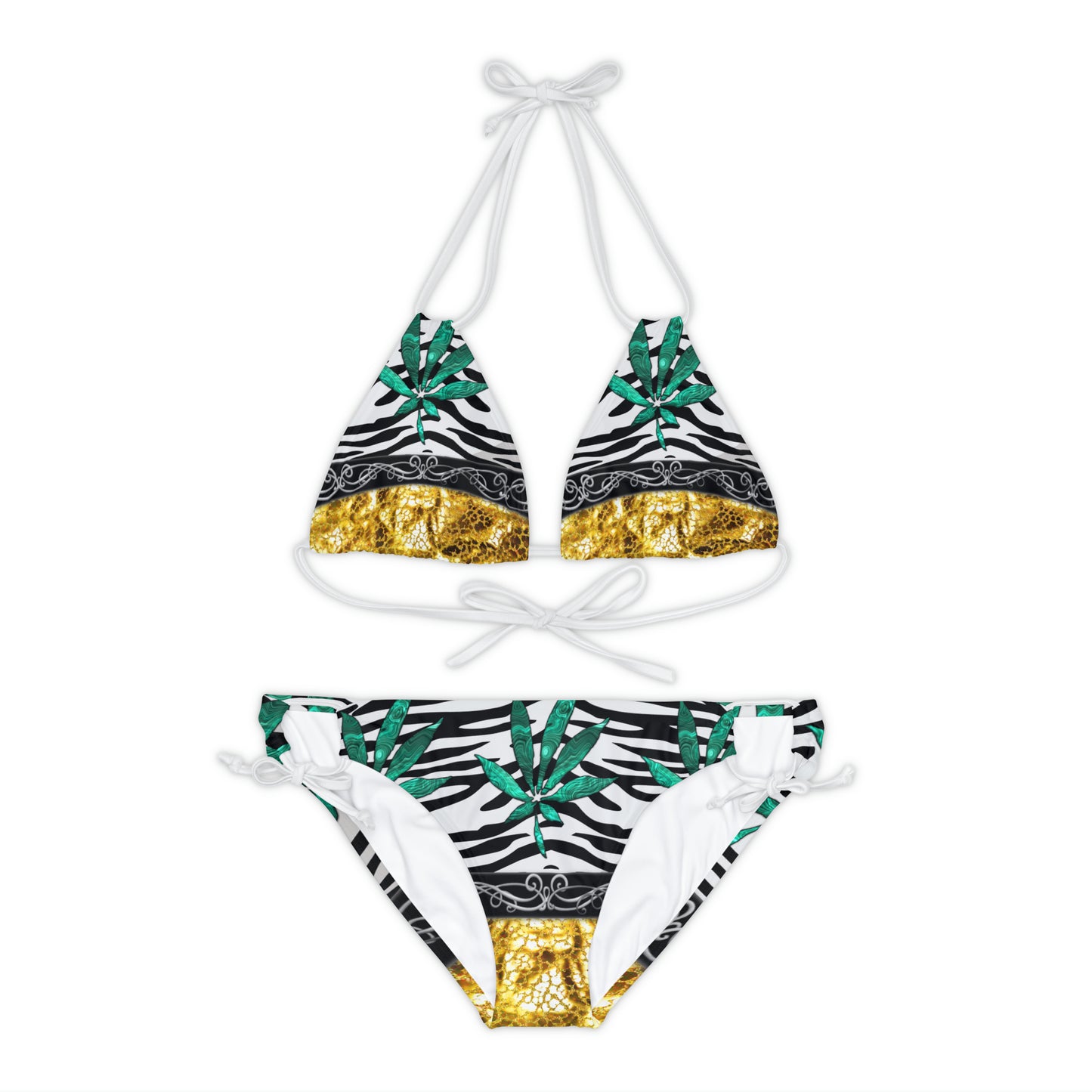 Gold And Zebra White And Black Marijuana Pot Weed Leaf 420 Weed Pot Marijuana Leaf Strappy Bikini Set (AOP)