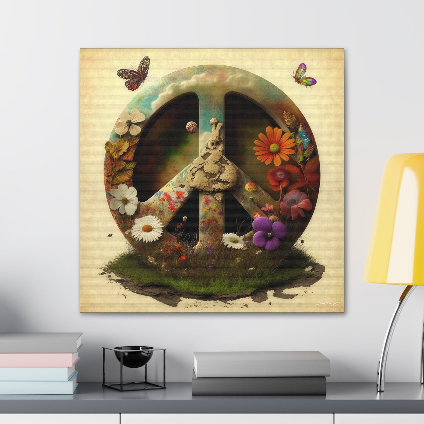 Elegant Peace Sign With Beautiful Flowers And Butterflies , Beige Background Canvas Gallery Wraps