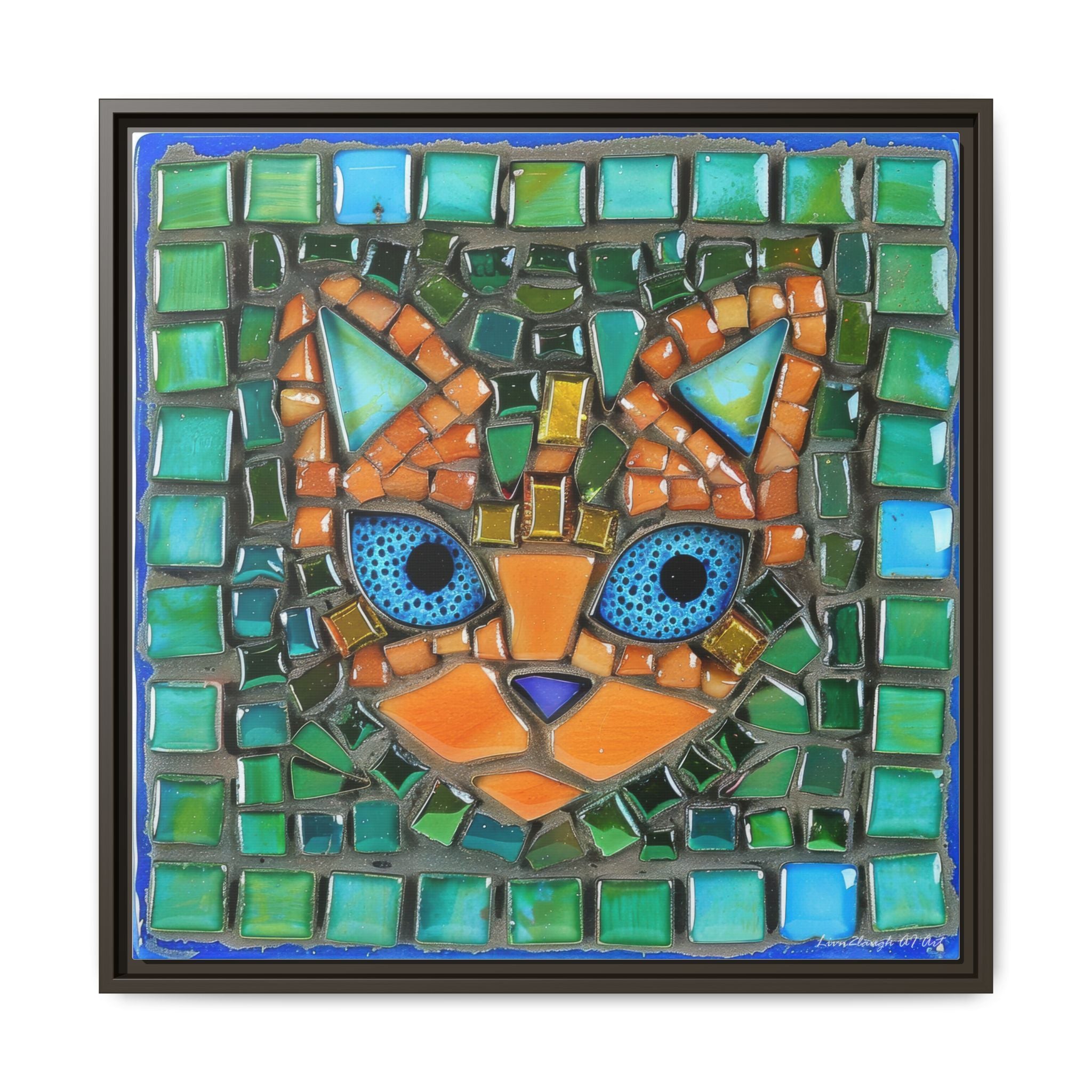 "Emerald Eyes Mosaic Cat", Framed Mosaic Cat Art Print — Colorful Modern Wall Canvas