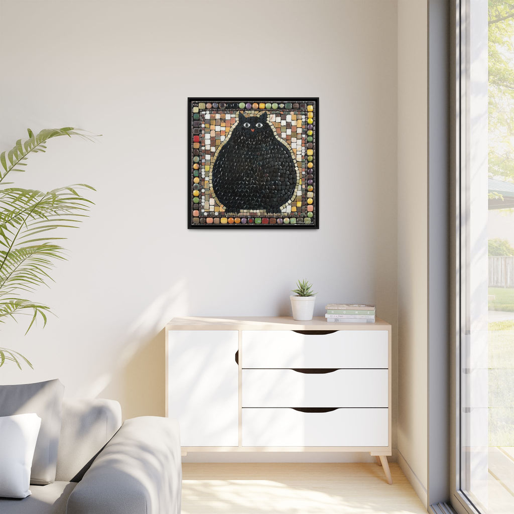 "Playful Black Cat Mosaic", Framed Mosaic Cat Art Print — Colorful Modern Wall Canvas