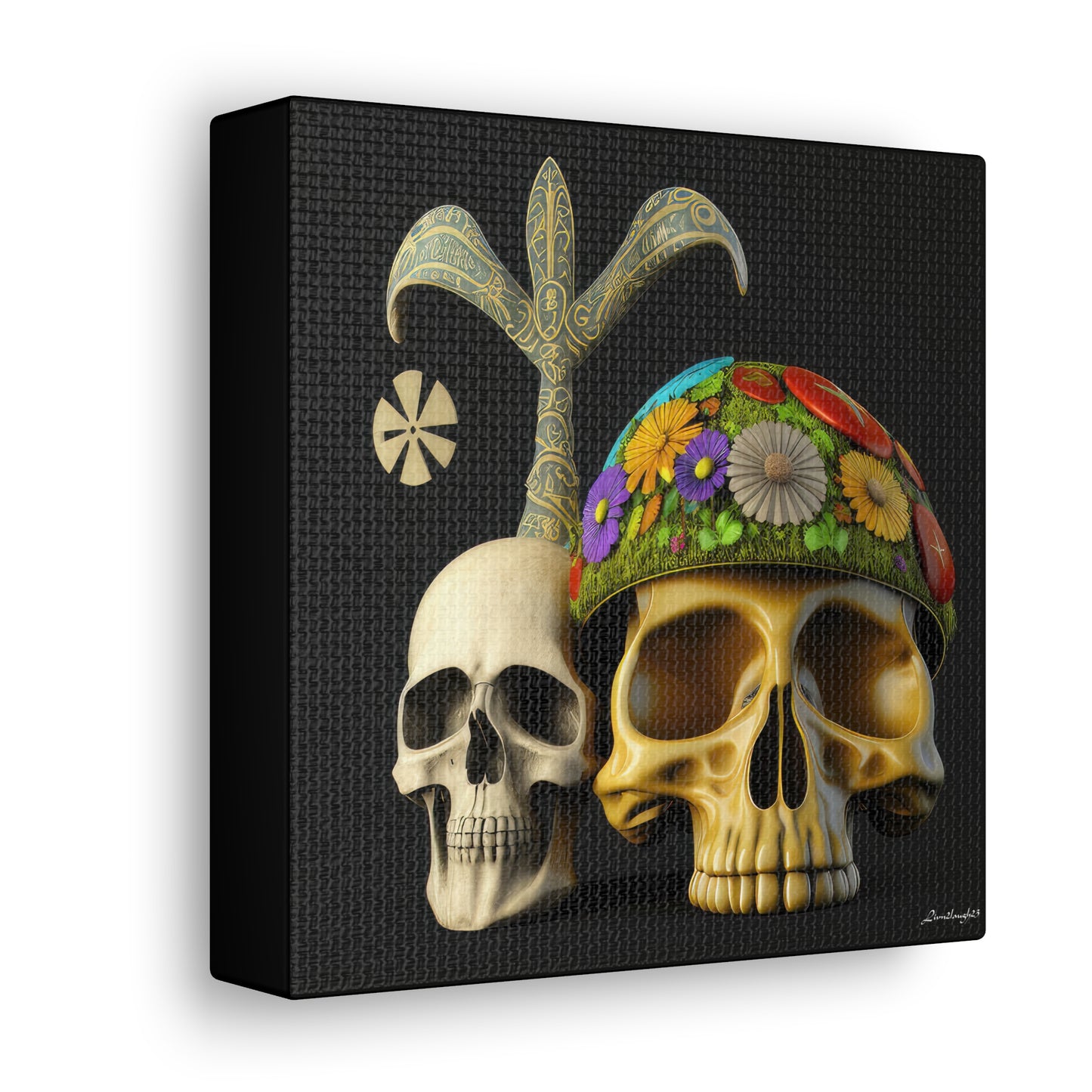 Double Skull With Yellow White Purple Flowers Canvas Gallery Wraps