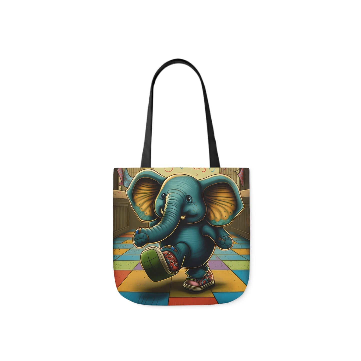 Elephant Kicking Leg On Colored Square Floor Polyester Canvas Tote Bag (AOP)