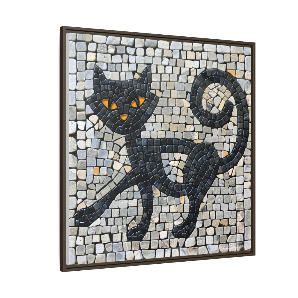 "Curious Black Cat Mosaic", Framed Mosaic Cat Art Print — Colorful Modern Wall Canvas