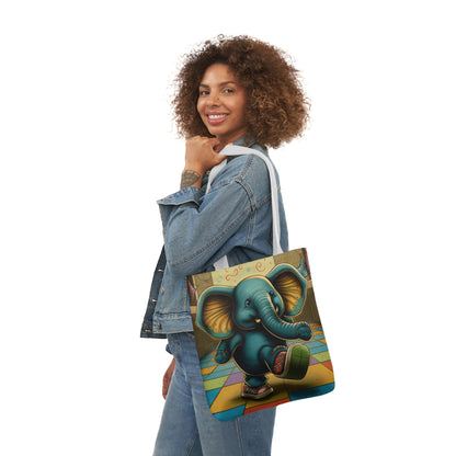 Elephant Kicking Leg On Colored Square Floor Polyester Canvas Tote Bag (AOP)