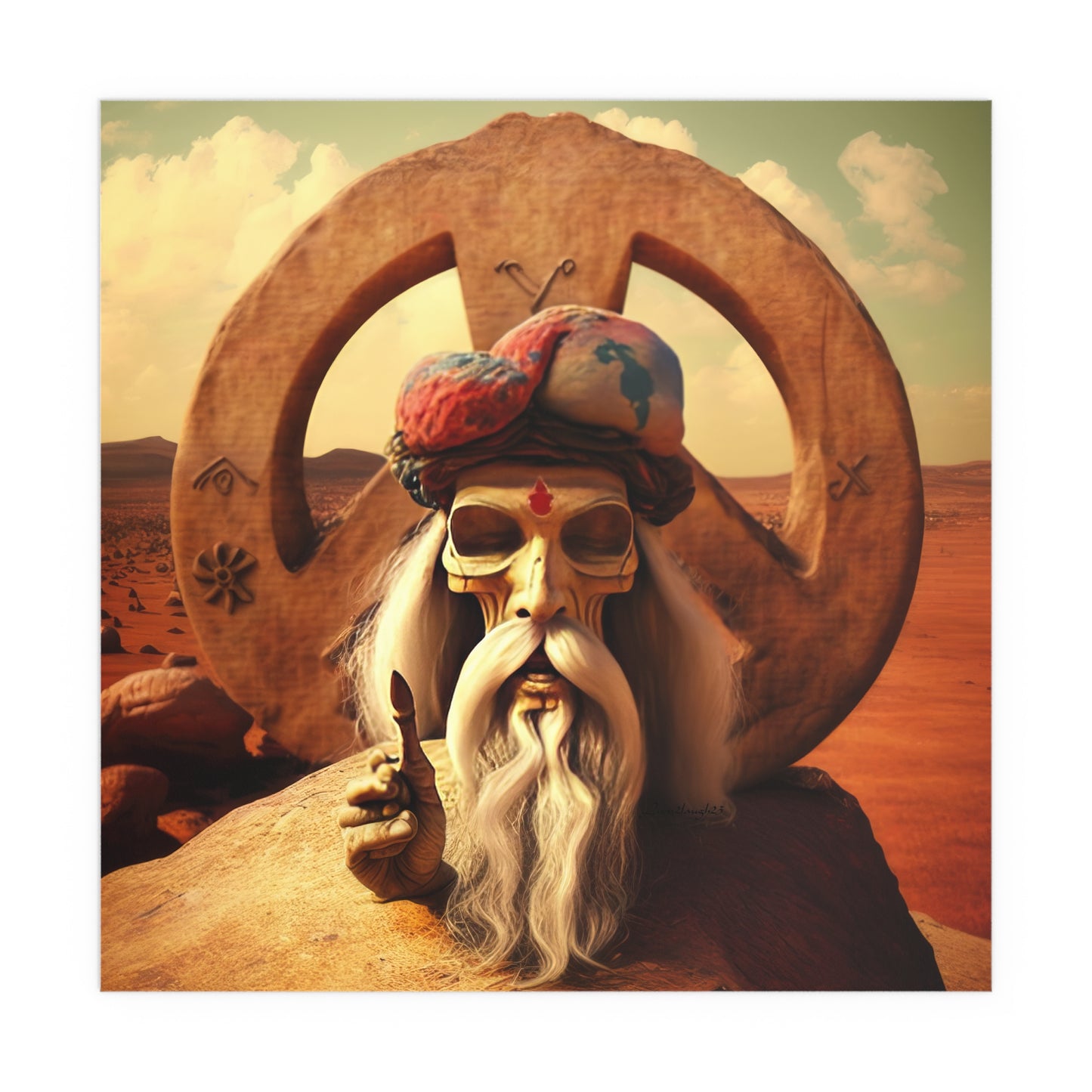 Wise Man In Dessert With Beard And Peace Sign Indoor and Outdoor Silk Posters