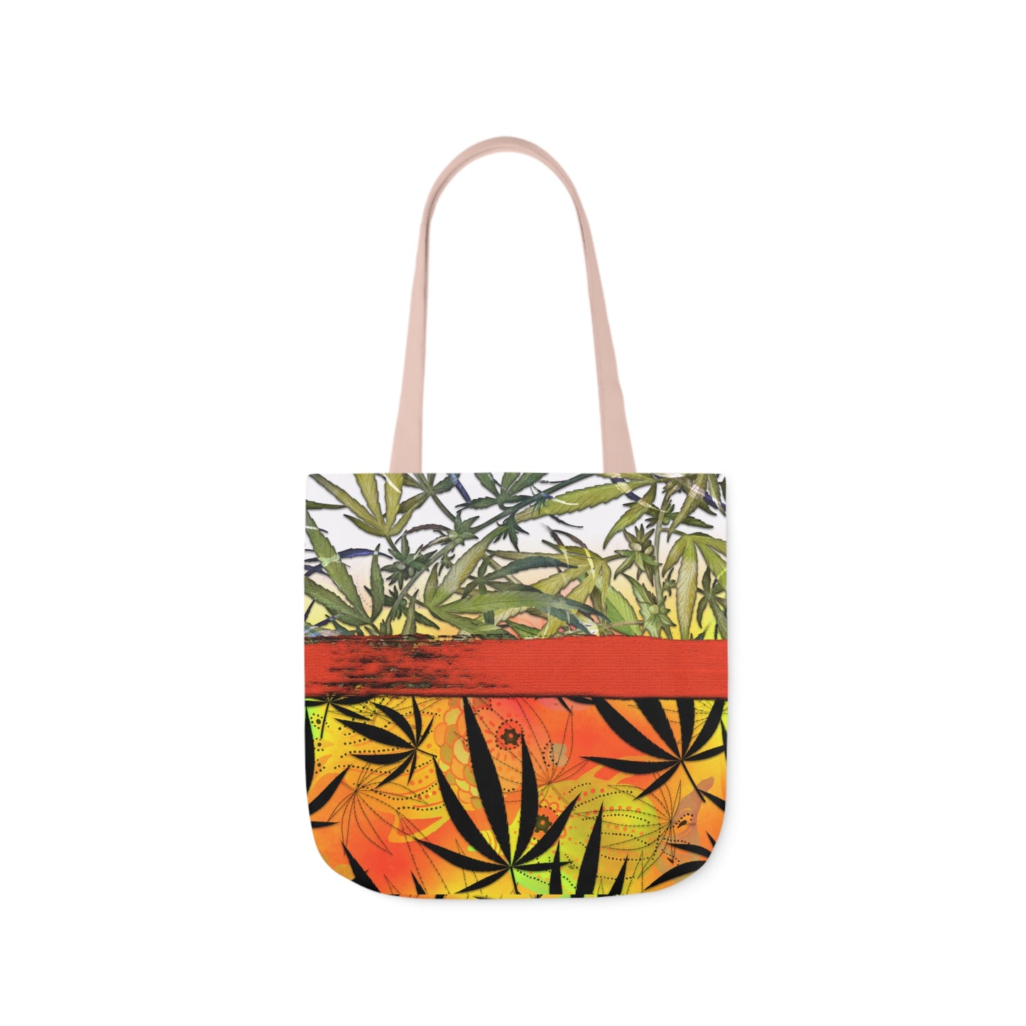 Beautiful Redish Orange Banded Marijuana 420 Pot Weed Leaf Polyester Canvas Tote Bag (AOP)