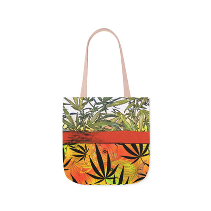 Beautiful Redish Orange Banded Marijuana 420 Pot Weed Leaf Polyester Canvas Tote Bag (AOP)