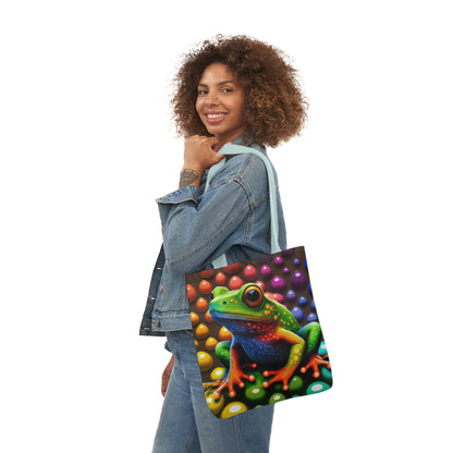 Sassy Rainbow Round Skittle Like Background With Beautiful Frog Polyester Canvas Tote Bag (AOP)