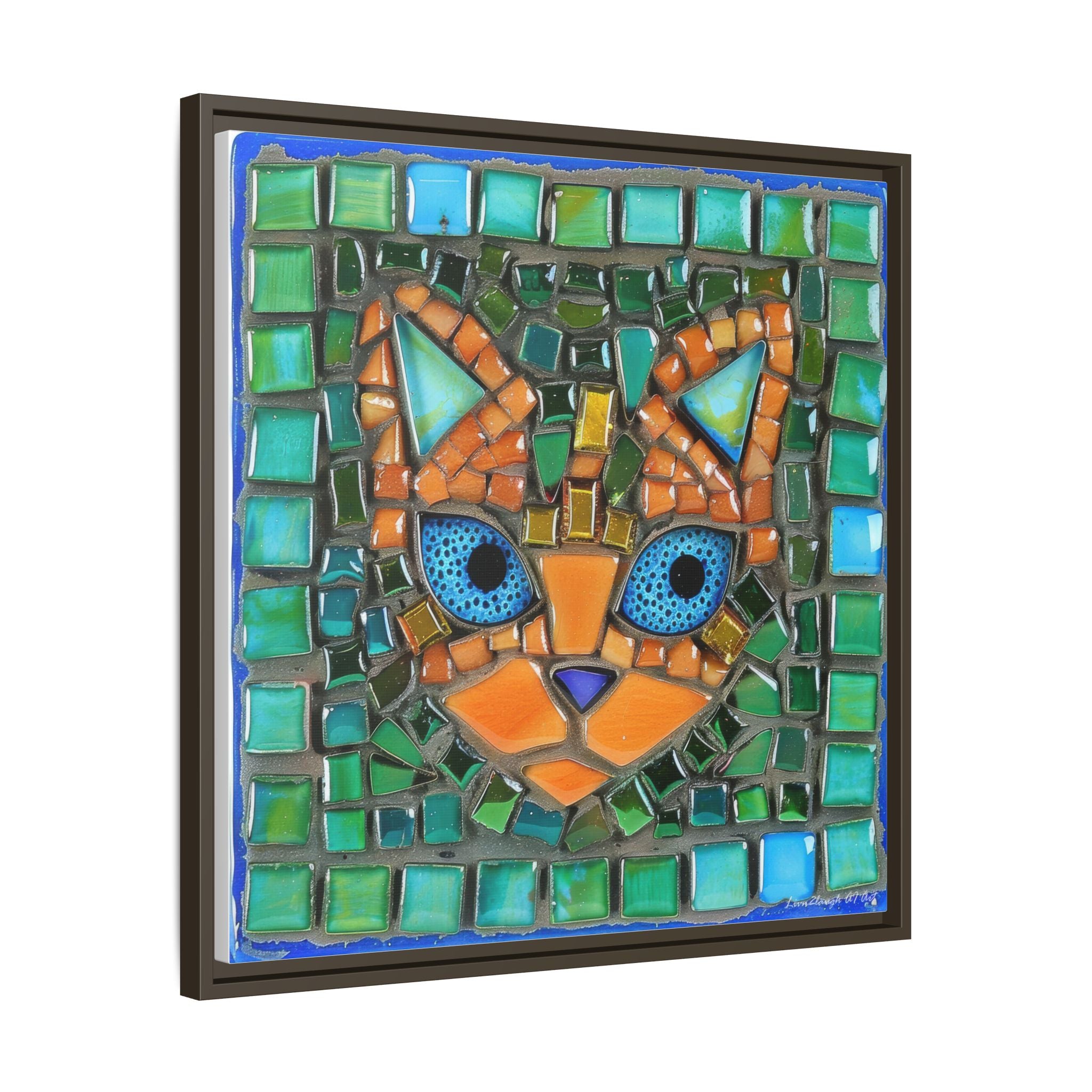 "Emerald Eyes Mosaic Cat", Framed Mosaic Cat Art Print — Colorful Modern Wall Canvas