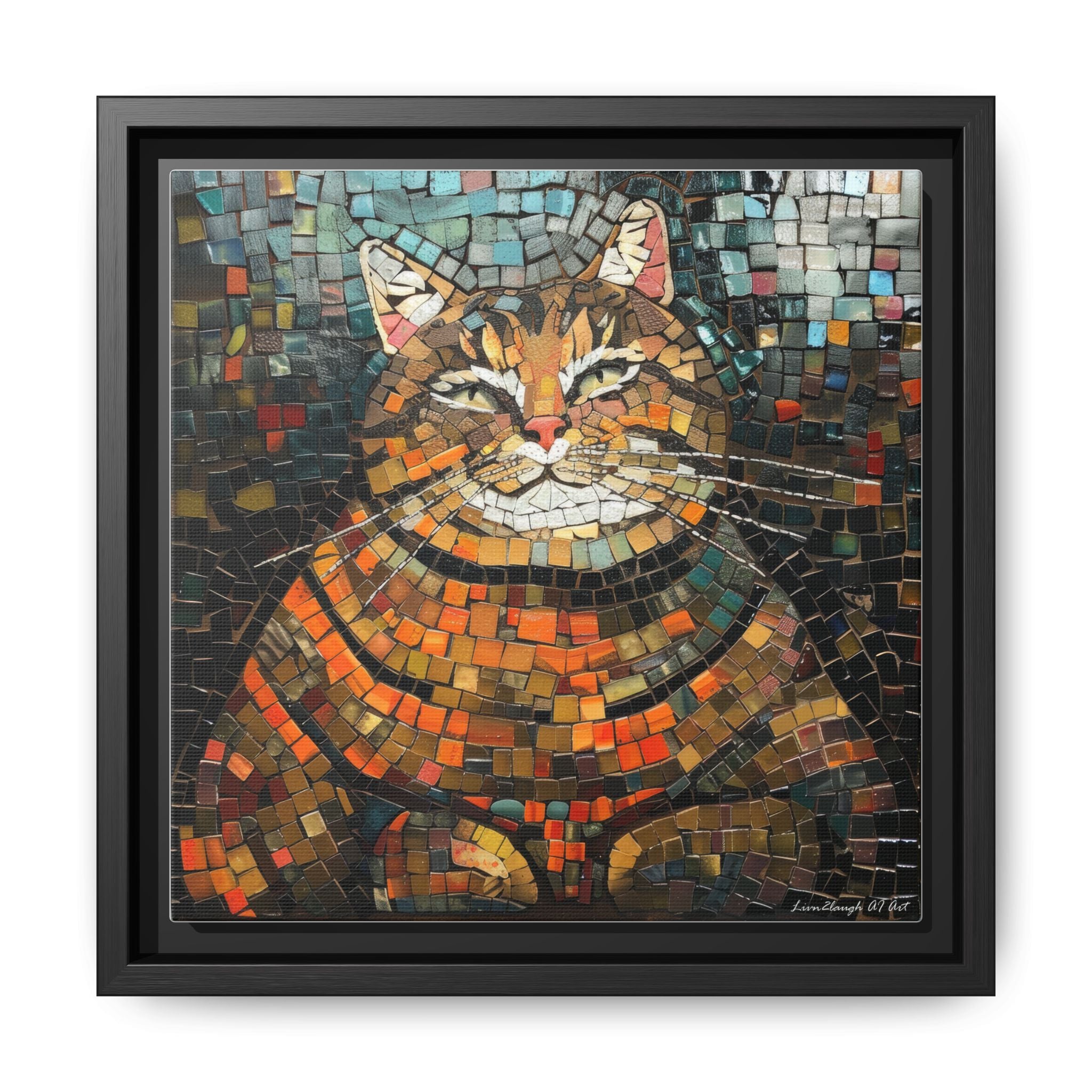 Mosaic Majesty: The Regal Cat, Framed Mosaic Cat Art Print — Colorful Modern Wall Canvas