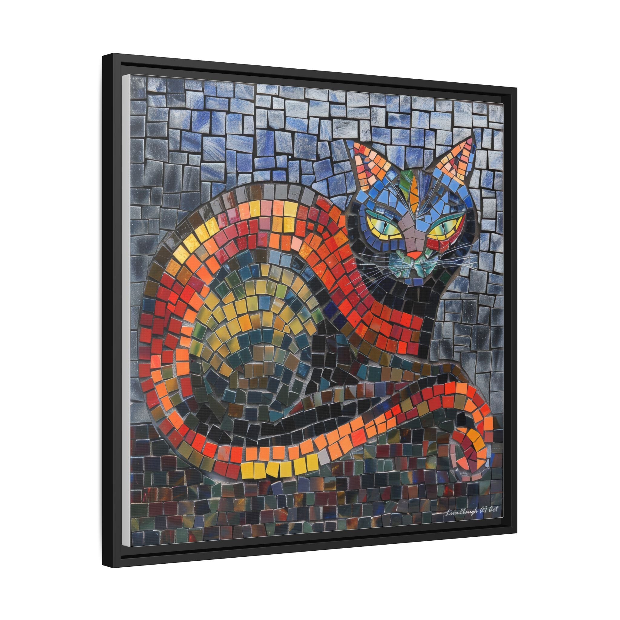Mystic Shadows: The Enigmatic Cat, Framed Mosaic Cat Art Print — Colorful Modern Wall Canvas