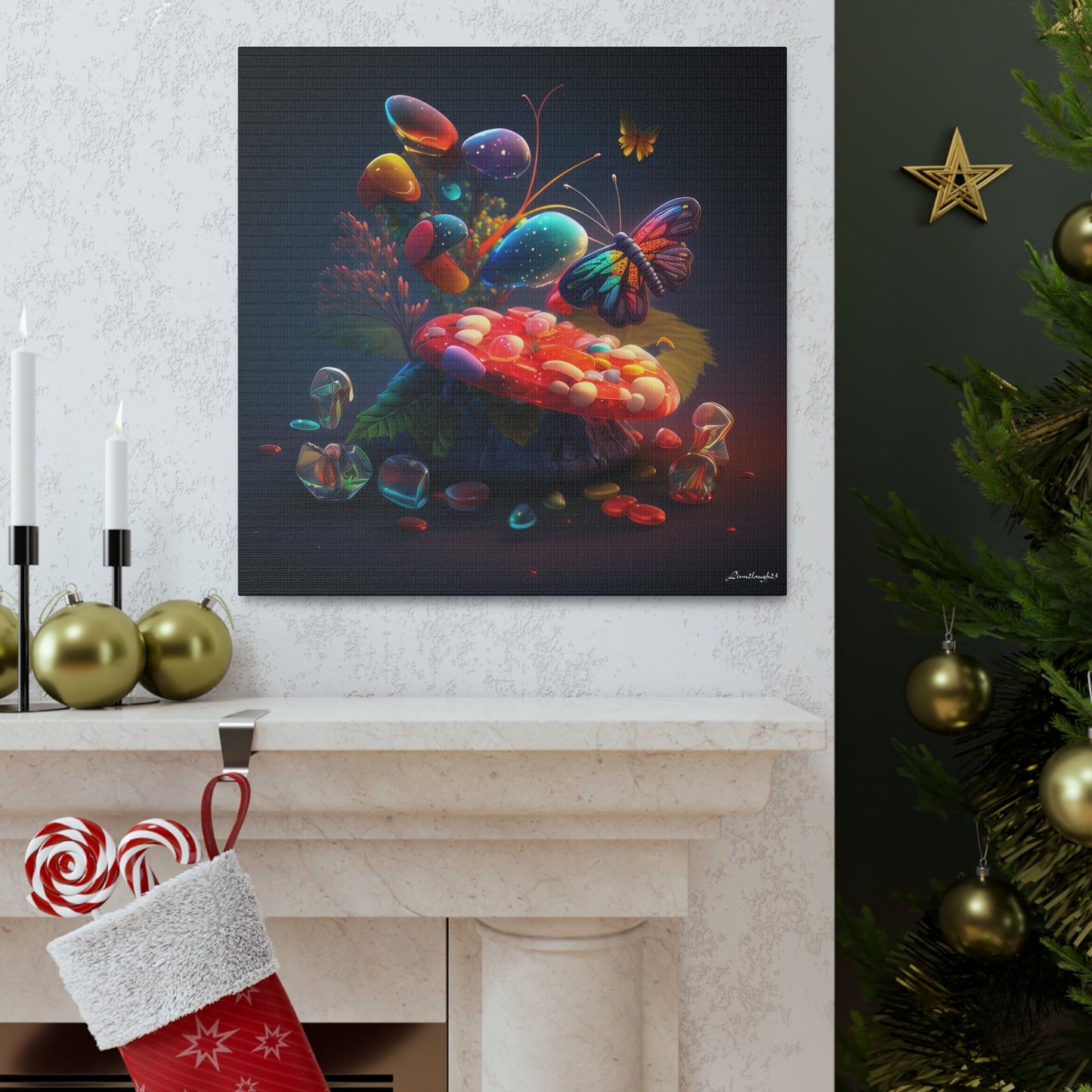 Beautiful Mushroom Luminating Colorful Bliss With Butterflies Canvas Gallery Wraps