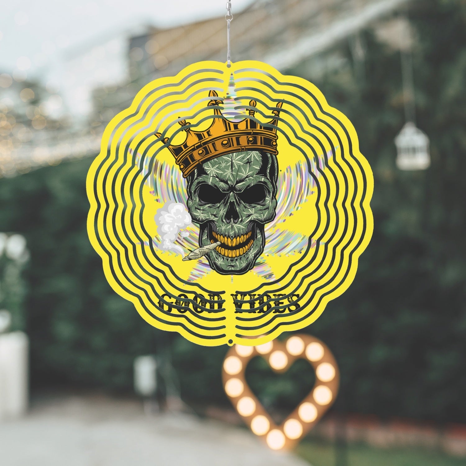 Crowned Skull Smoking With 420 Leaf, Good Vibes 885. Wind Spinner