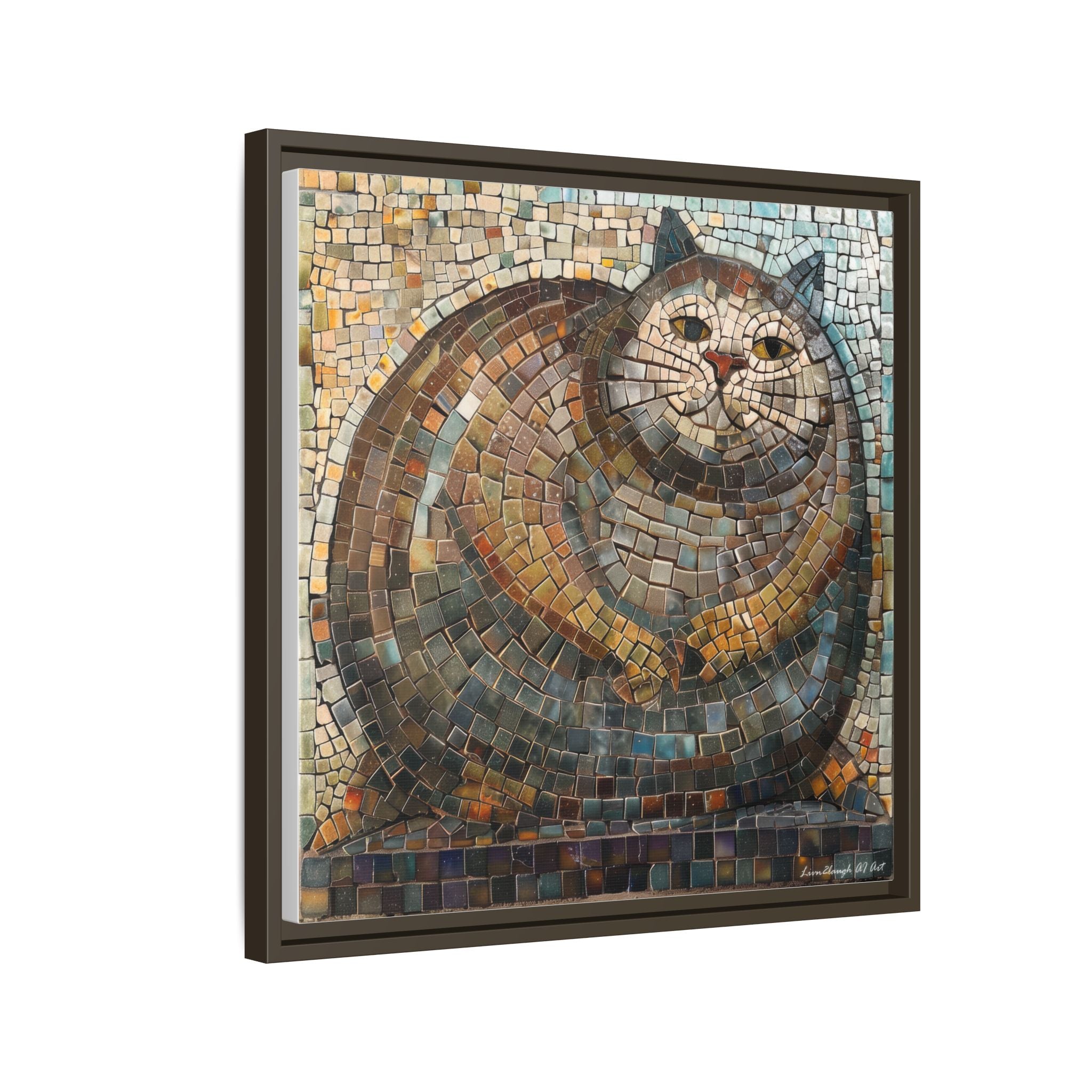 "Serene Mosaic Cat", Framed Mosaic Cat Art Print — Colorful Modern Wall Canvas