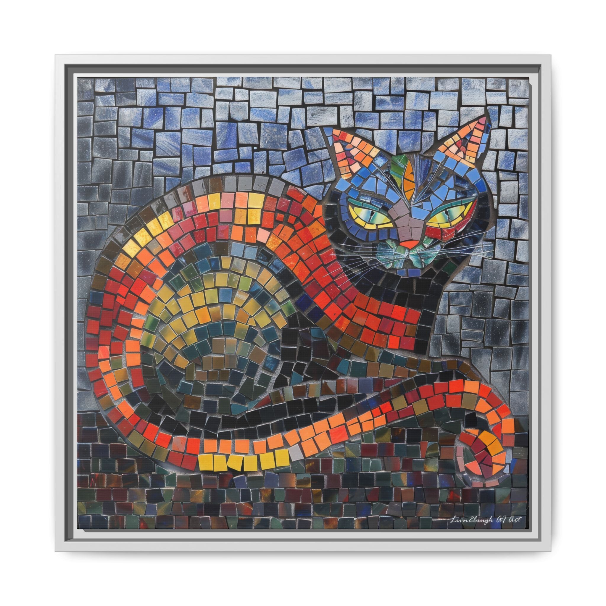 Mystic Shadows: The Enigmatic Cat, Framed Mosaic Cat Art Print — Colorful Modern Wall Canvas