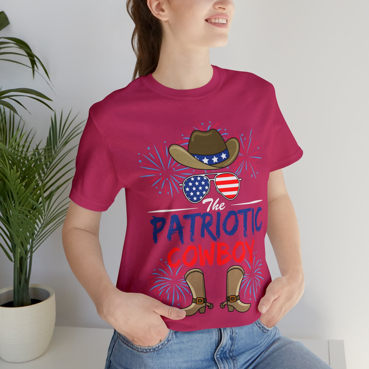 Patriotic Cowboy, American Flag 'Glasses, Cowboy Hat and Boots, Fourth of July 4th Unisex Jersey Short Sleeve Tee