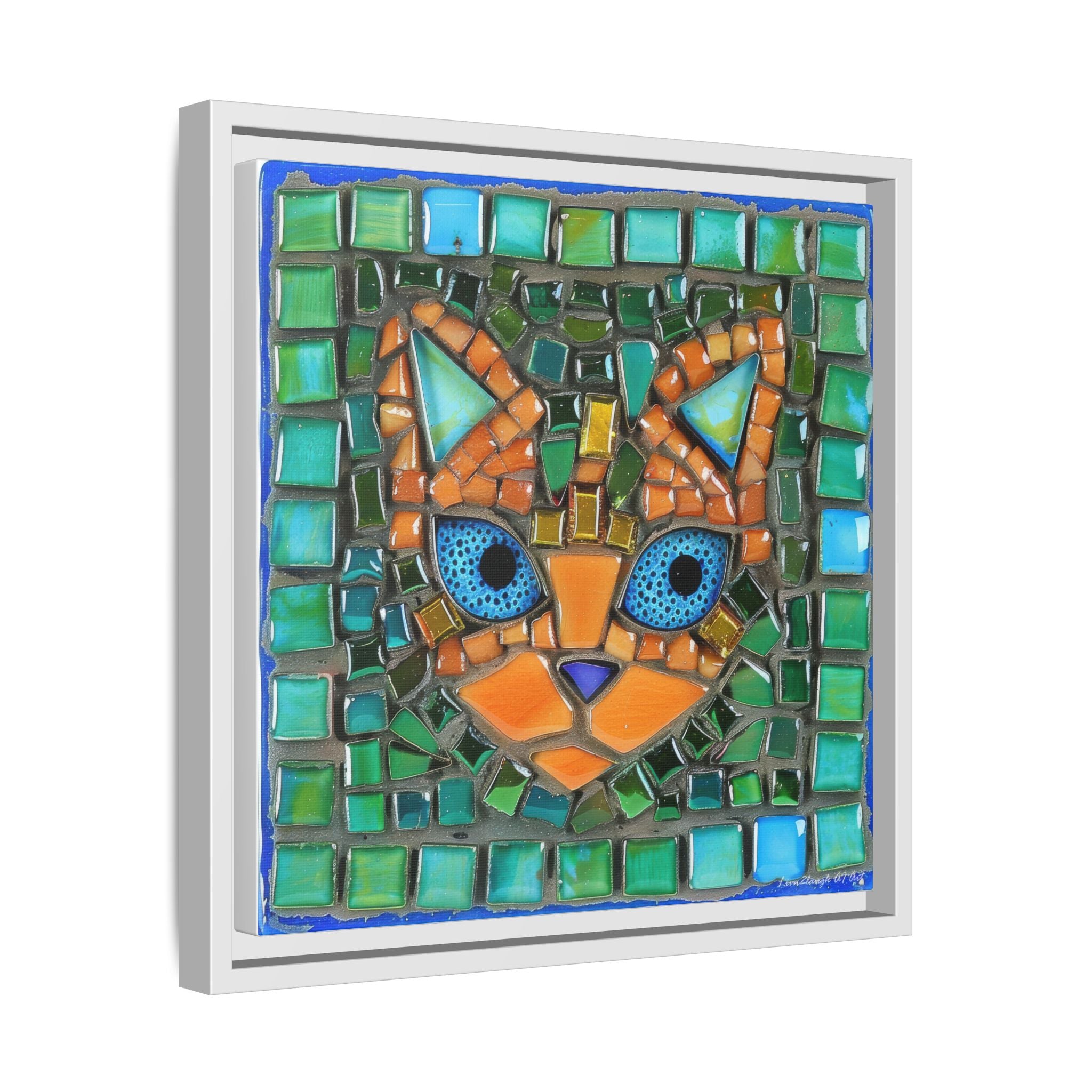 "Emerald Eyes Mosaic Cat", Framed Mosaic Cat Art Print — Colorful Modern Wall Canvas