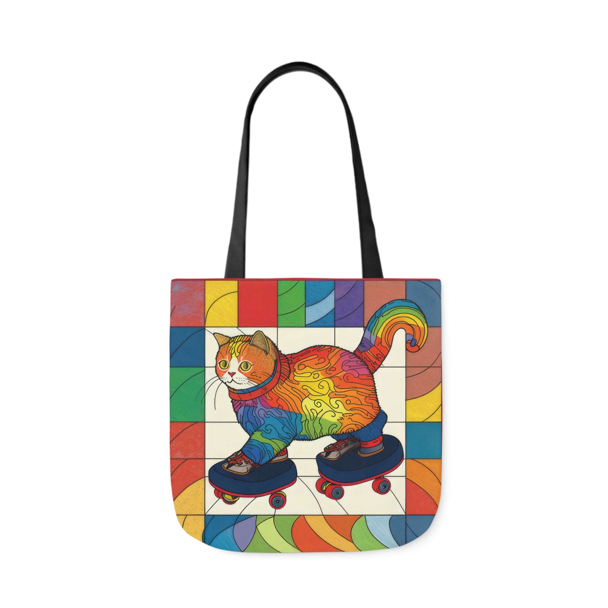 Gorgeous Rainbow Cat Riding A Skate/Skateboard With Rainbow Border Polyester Canvas Tote Bag (AOP)