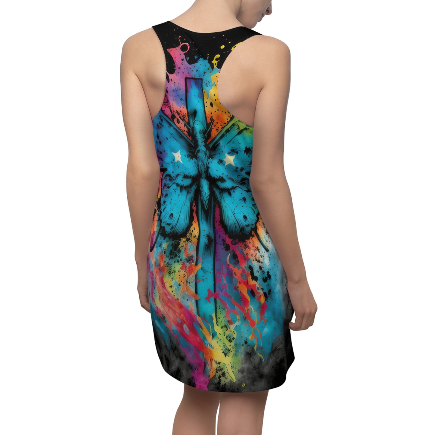 Bold And Beautiful Tie Dye Cross And Butterflies Front Style 7 Women's Cut & Sew Racerback Dress (AOP)