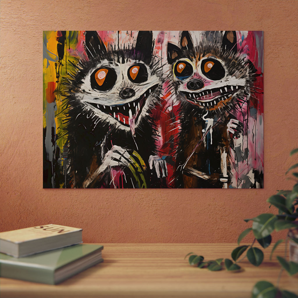 Doodle Abstract Wide Eye Racoons With Colorful Grey Pink Yellow Background By DaFlowerChild Aluminum Composite Panels