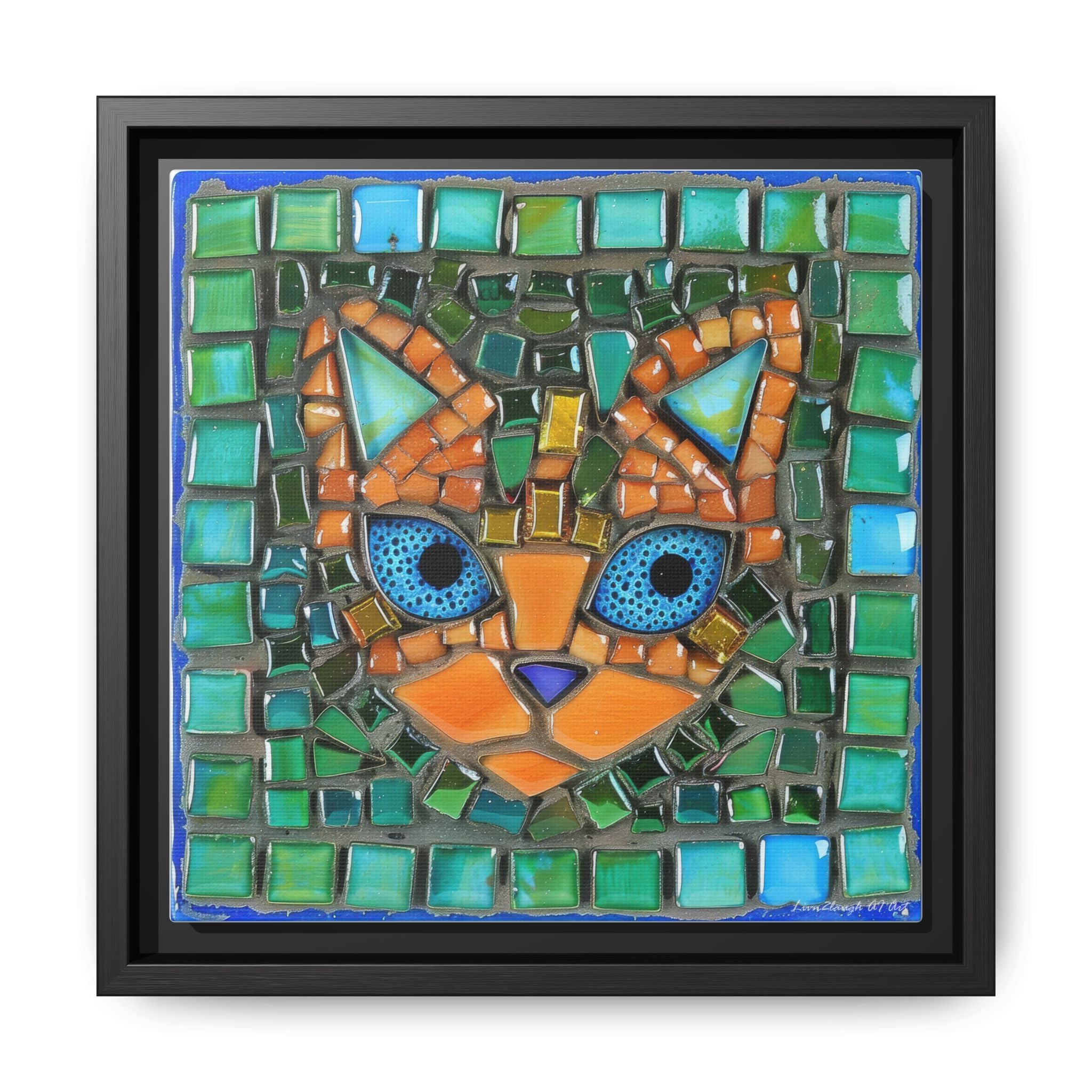 "Emerald Eyes Mosaic Cat", Framed Mosaic Cat Art Print — Colorful Modern Wall Canvas