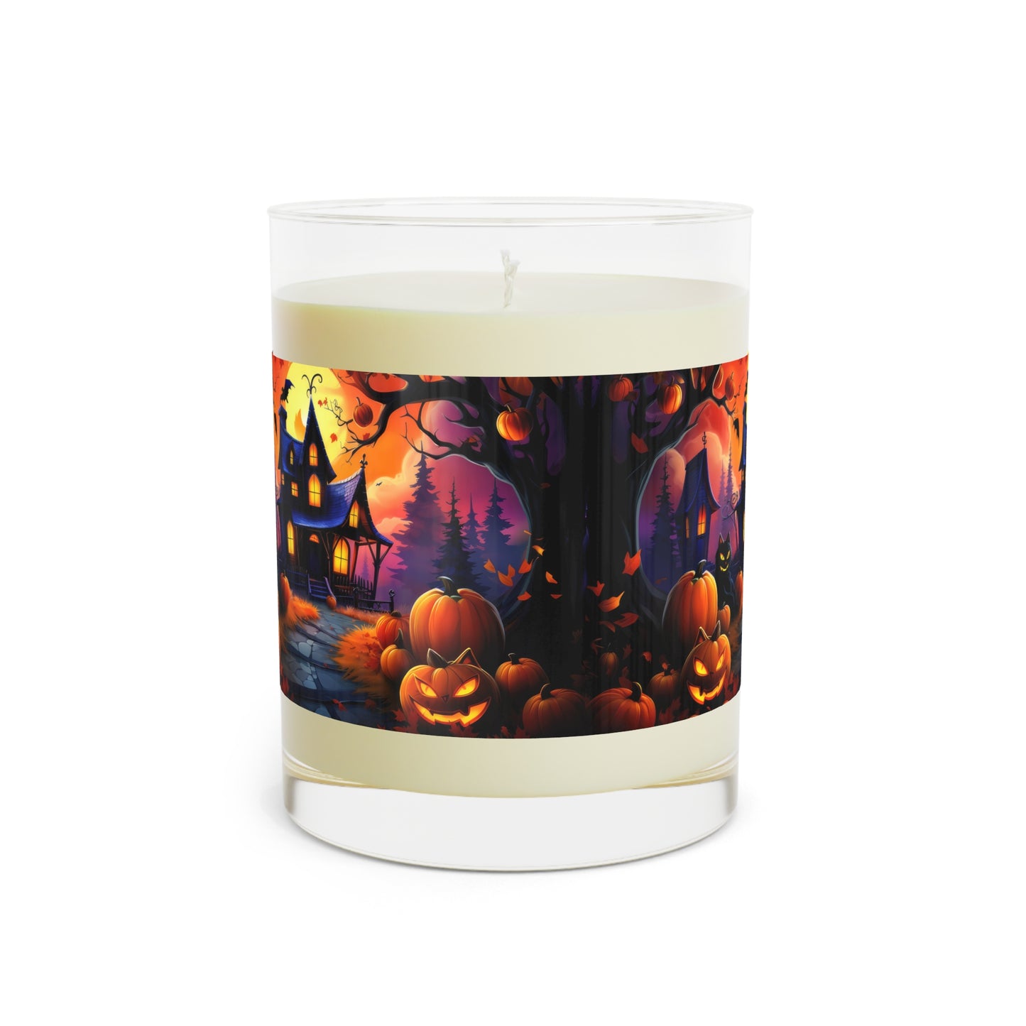 Spooky Halloween House With Pumpkin Line Path , Black Cat, Scented Candle - Full Glass, 11oz