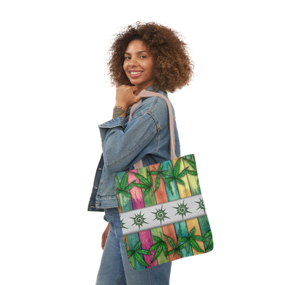 Beautiful Multicolored Pink Purple Blue 420 Weed Marijuana Leaf Polyester Canvas Tote Bag (AOP)