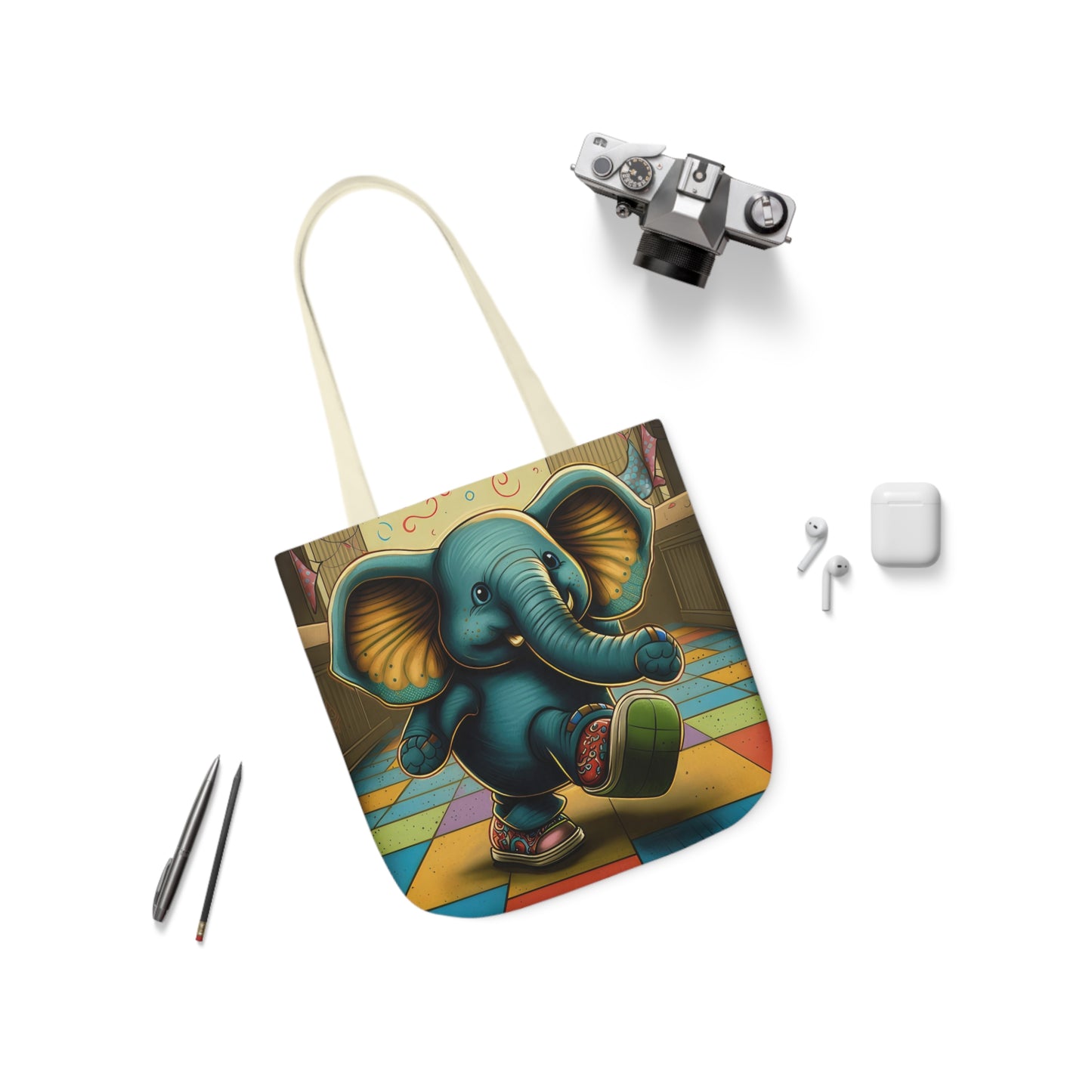 Elephant Kicking Leg On Colored Square Floor Polyester Canvas Tote Bag (AOP)