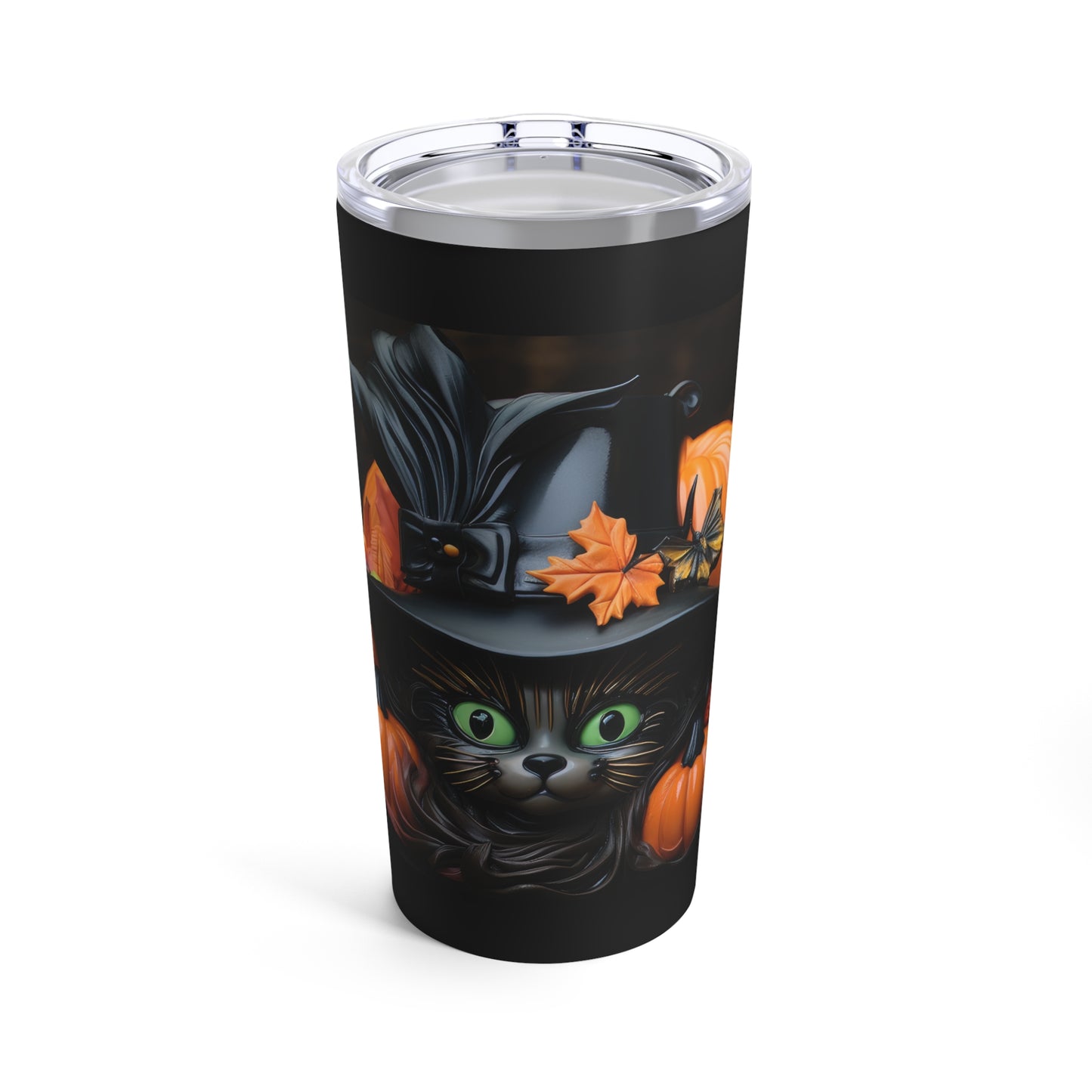 Big Green Eyed Black Cat Witch Hat For Fall Halloween, Beautiful Moon With A Stack Of Pumpkins Tumbler 20oz