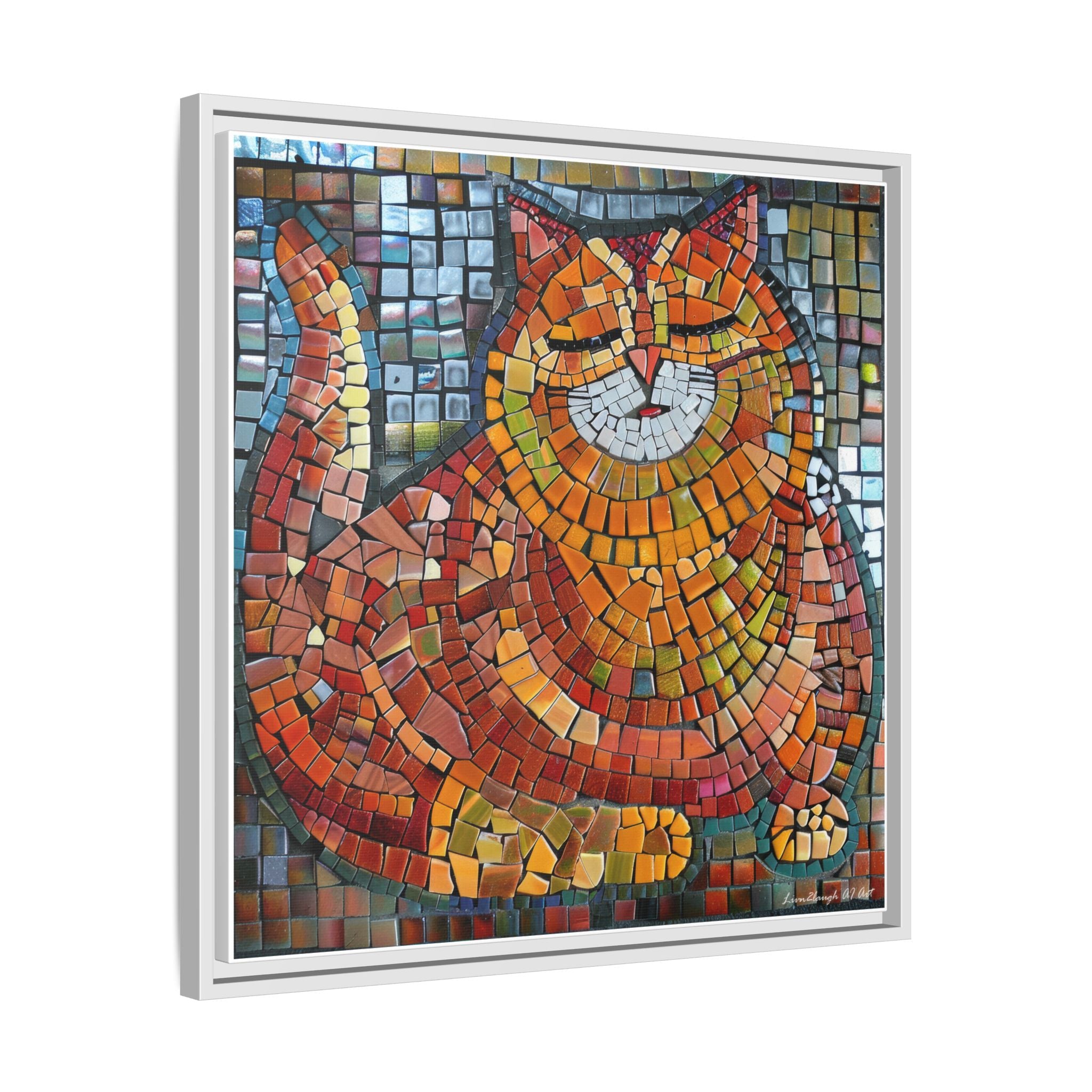 Radiant Whiskers: The Joyful Cat, Framed Mosaic Cat Art Print — Colorful Modern Wall Canvas
