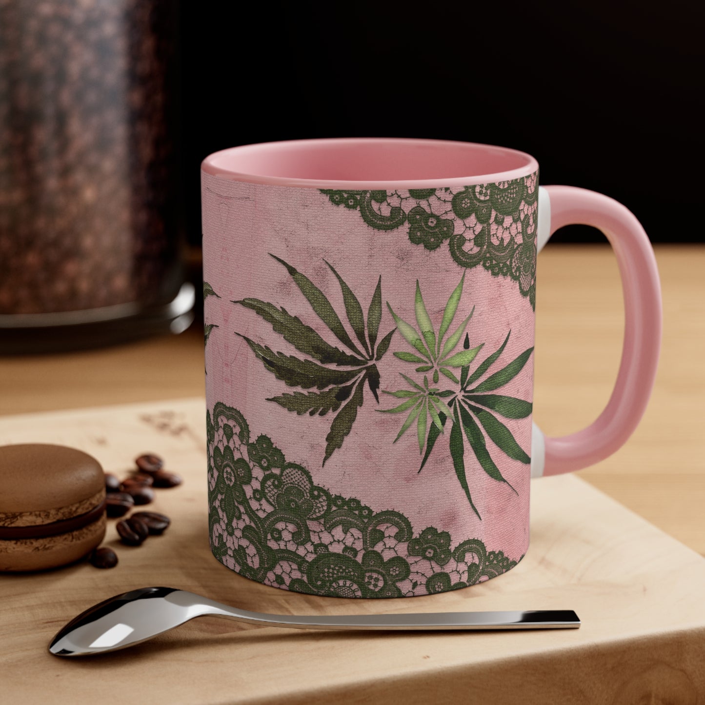 Grey Lace Gorgeous Pink Beautiful Multicolored Pot, Weed, Marijuana Leaf Accent Coffee Mug, 11oz