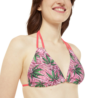 Beautifully Pink And Green Gorgeous Designed Marijuana 420 Weed Leaf Strappy Bikini Set (AOP)