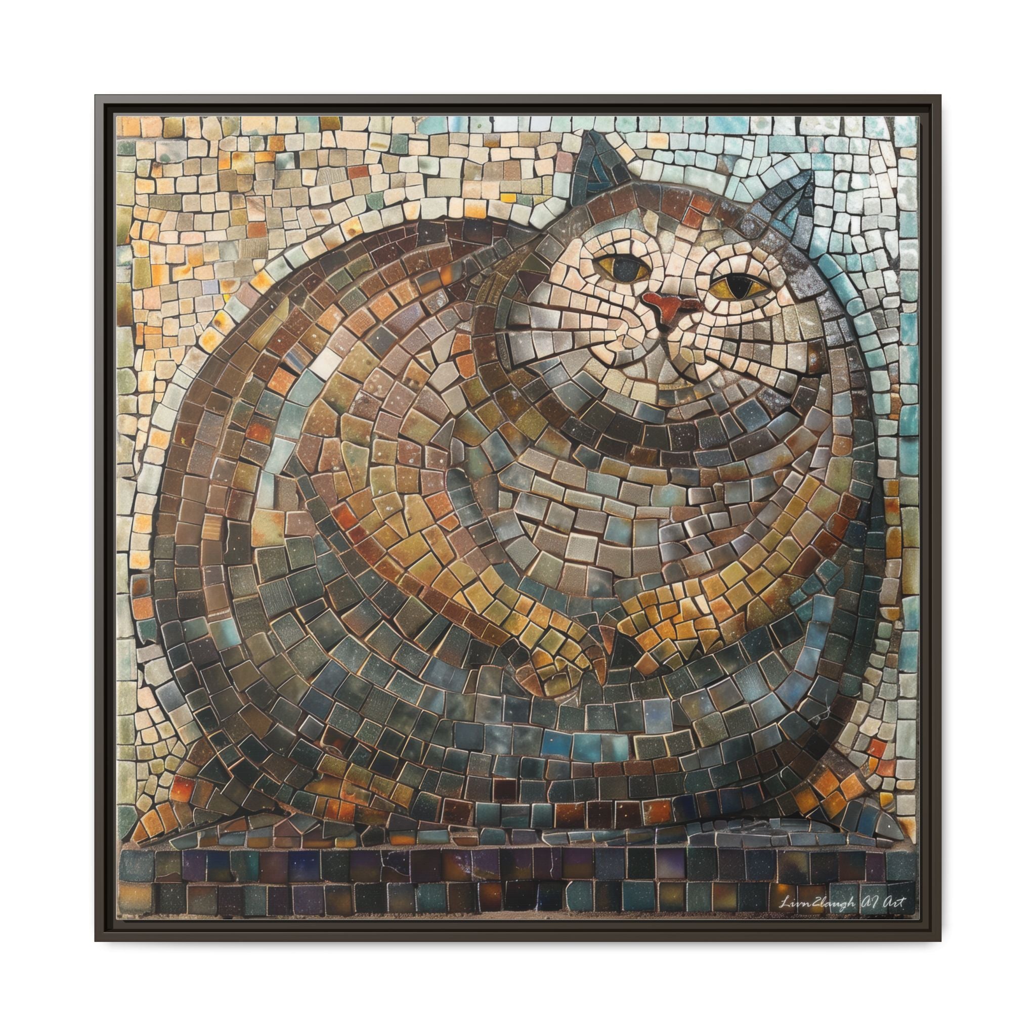 "Serene Mosaic Cat", Framed Mosaic Cat Art Print — Colorful Modern Wall Canvas