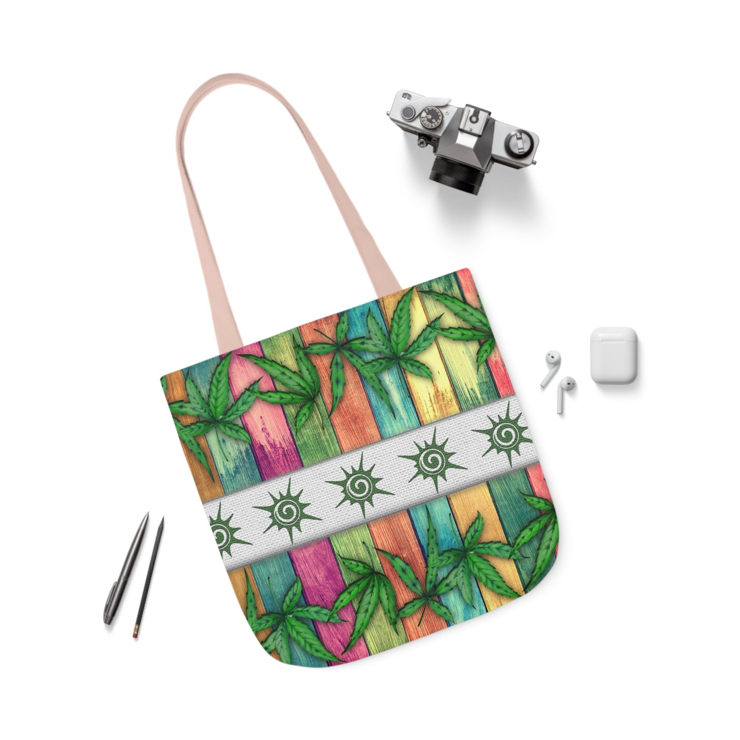 Beautiful Multicolored Pink Purple Blue 420 Weed Marijuana Leaf Polyester Canvas Tote Bag (AOP)