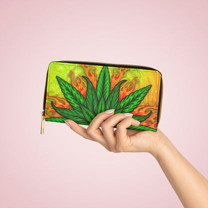 Beautifully Designed Orange, Yellow And Green Marijuana Leaf Zipper Wallet