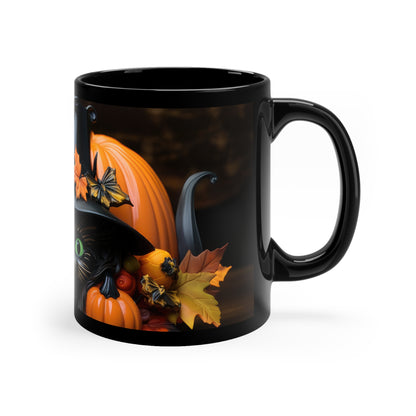 Halloween Hat Green Eyed Black Cat With Fall leaves And Pumpkins 11oz Black Mug