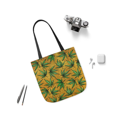 Gold And Green Marijuana Pot Weed Leaf With Gold Background 420 Polyester Canvas Tote Bag (AOP)