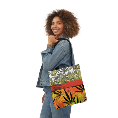 Beautiful Redish Orange Banded Marijuana 420 Pot Weed Leaf Polyester Canvas Tote Bag (AOP)