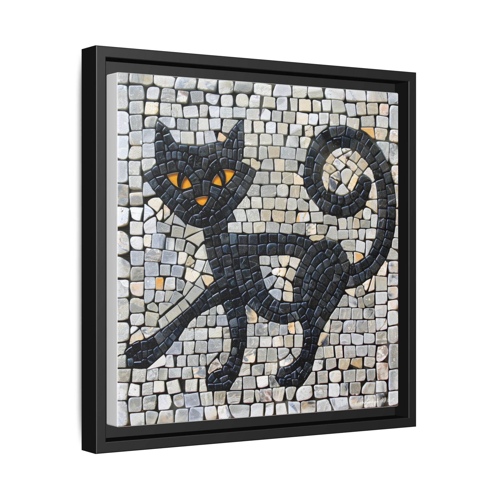 "Curious Black Cat Mosaic", Framed Mosaic Cat Art Print — Colorful Modern Wall Canvas