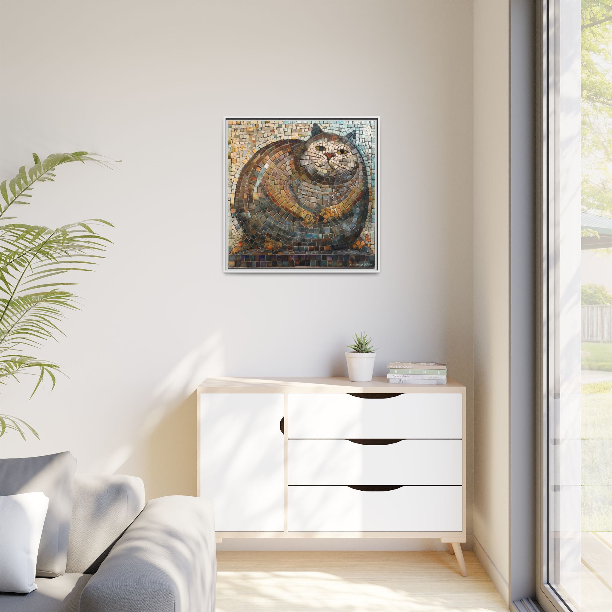"Serene Mosaic Cat", Framed Mosaic Cat Art Print — Colorful Modern Wall Canvas