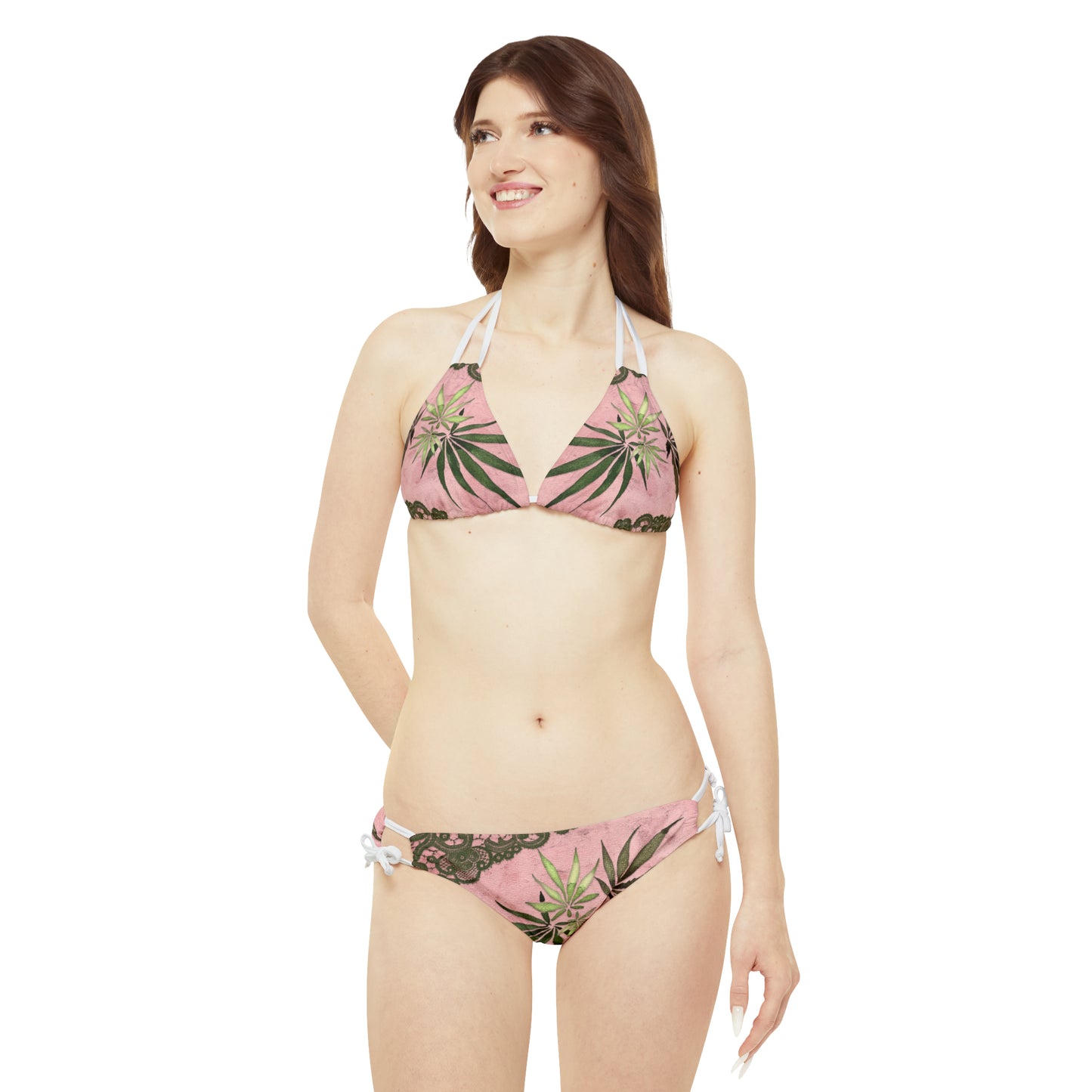 Grey Lace Gorgeous Pink Designed Marijuana 420 Weed Strappy Bikini Set (AOP)