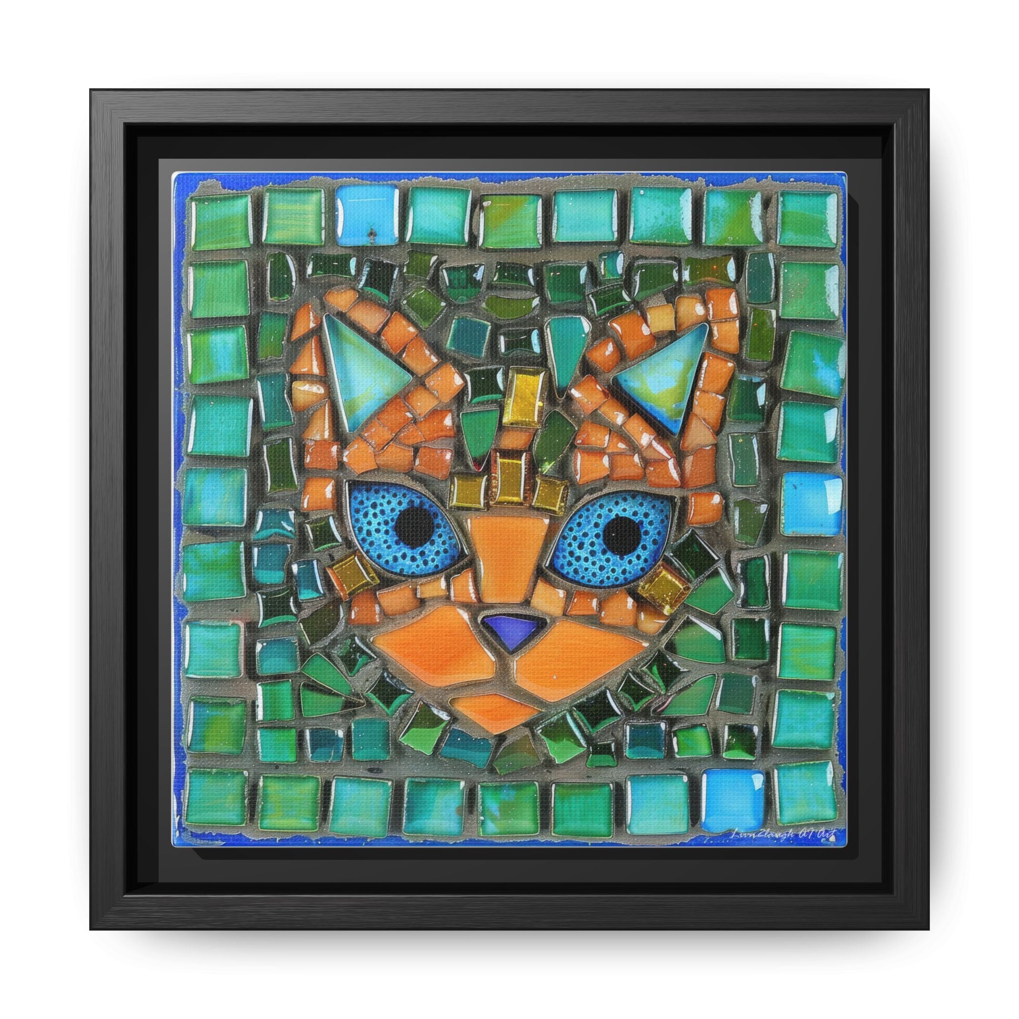 "Emerald Eyes Mosaic Cat", Framed Mosaic Cat Art Print — Colorful Modern Wall Canvas