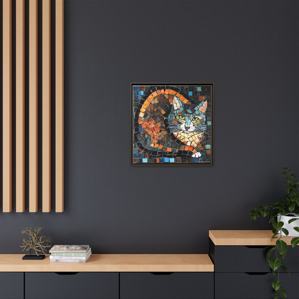 "Bold Mosaic Cat", Framed Mosaic Cat Art Print — Colorful Modern Wall Canvas