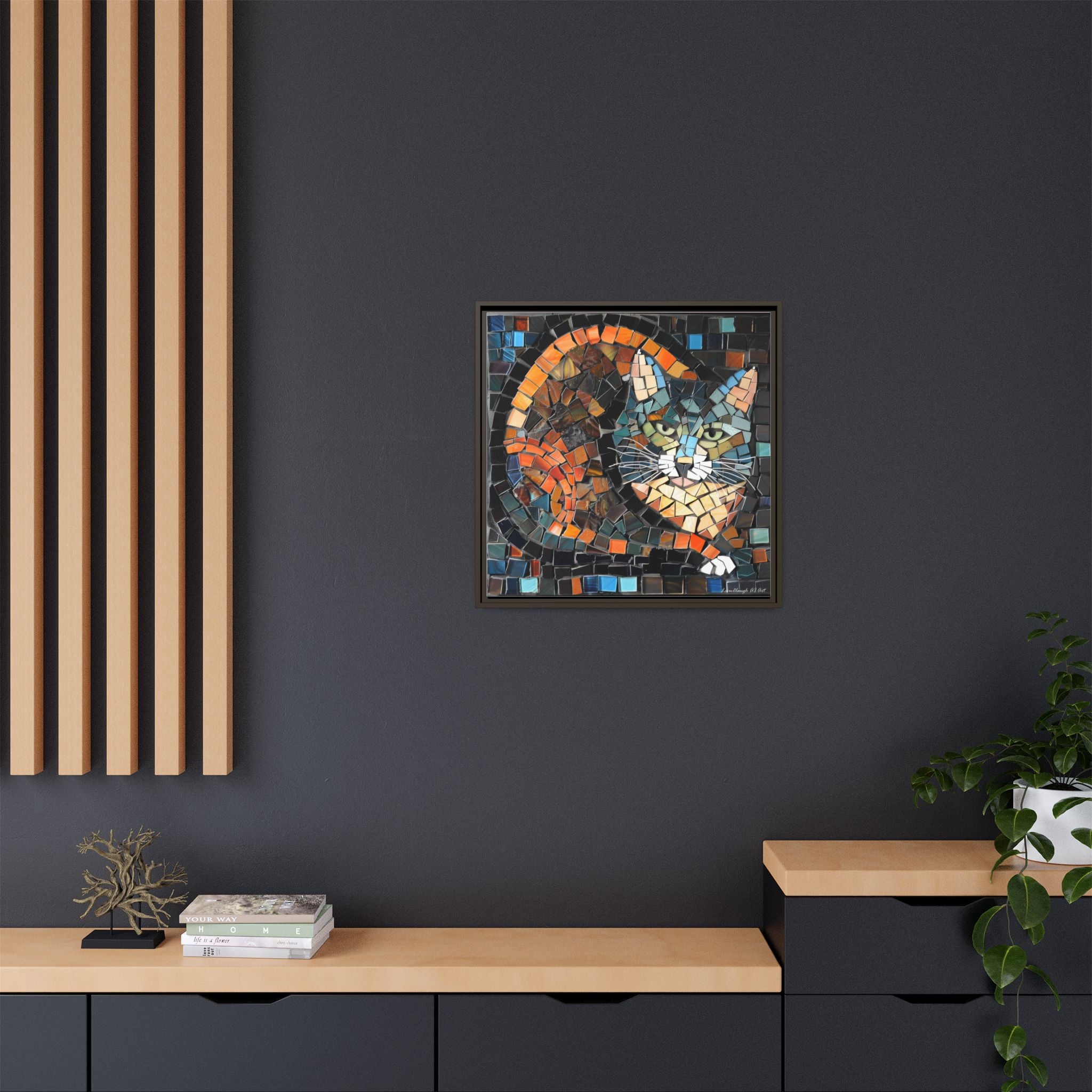 "Bold Mosaic Cat", Framed Mosaic Cat Art Print — Colorful Modern Wall Canvas
