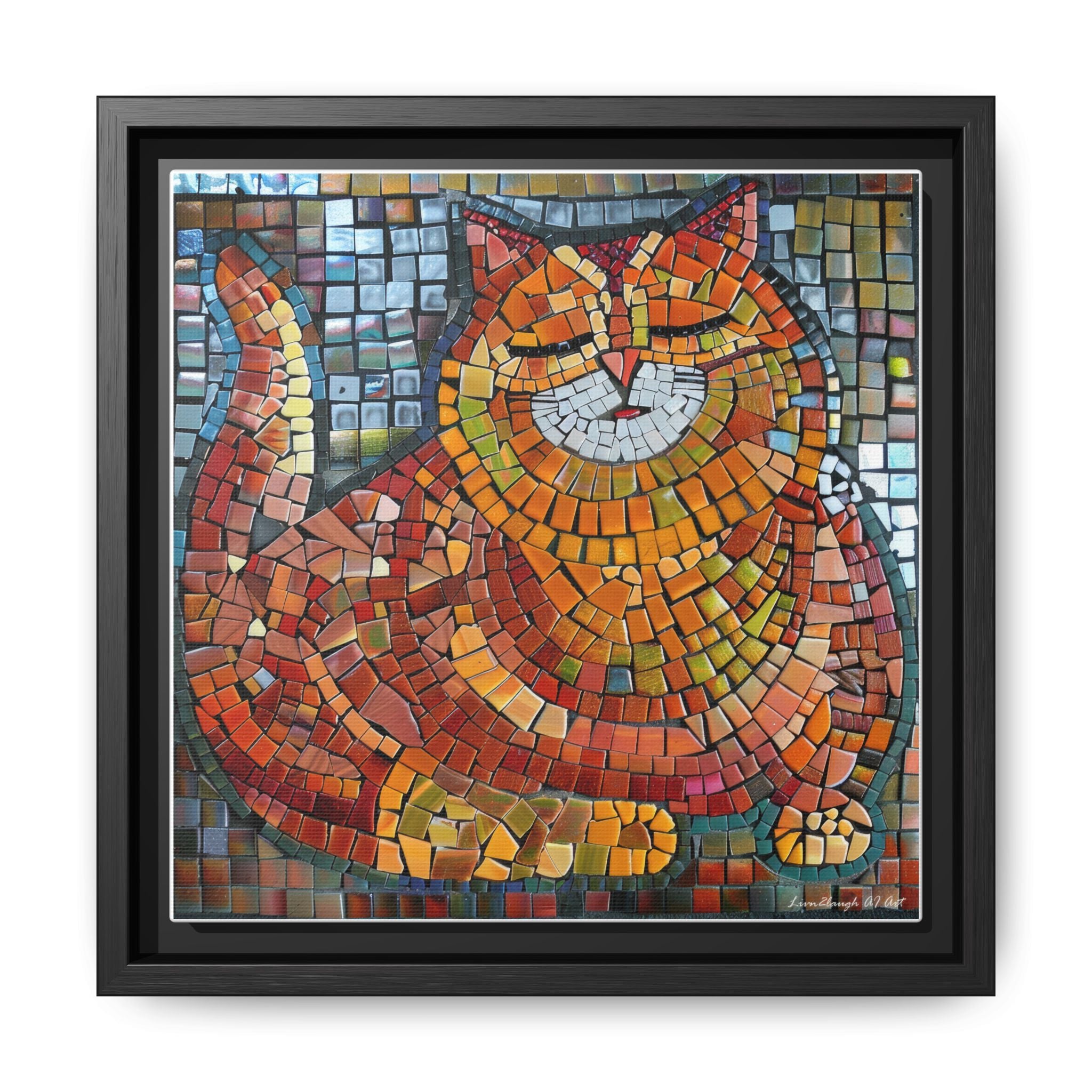 Radiant Whiskers: The Joyful Cat, Framed Mosaic Cat Art Print — Colorful Modern Wall Canvas