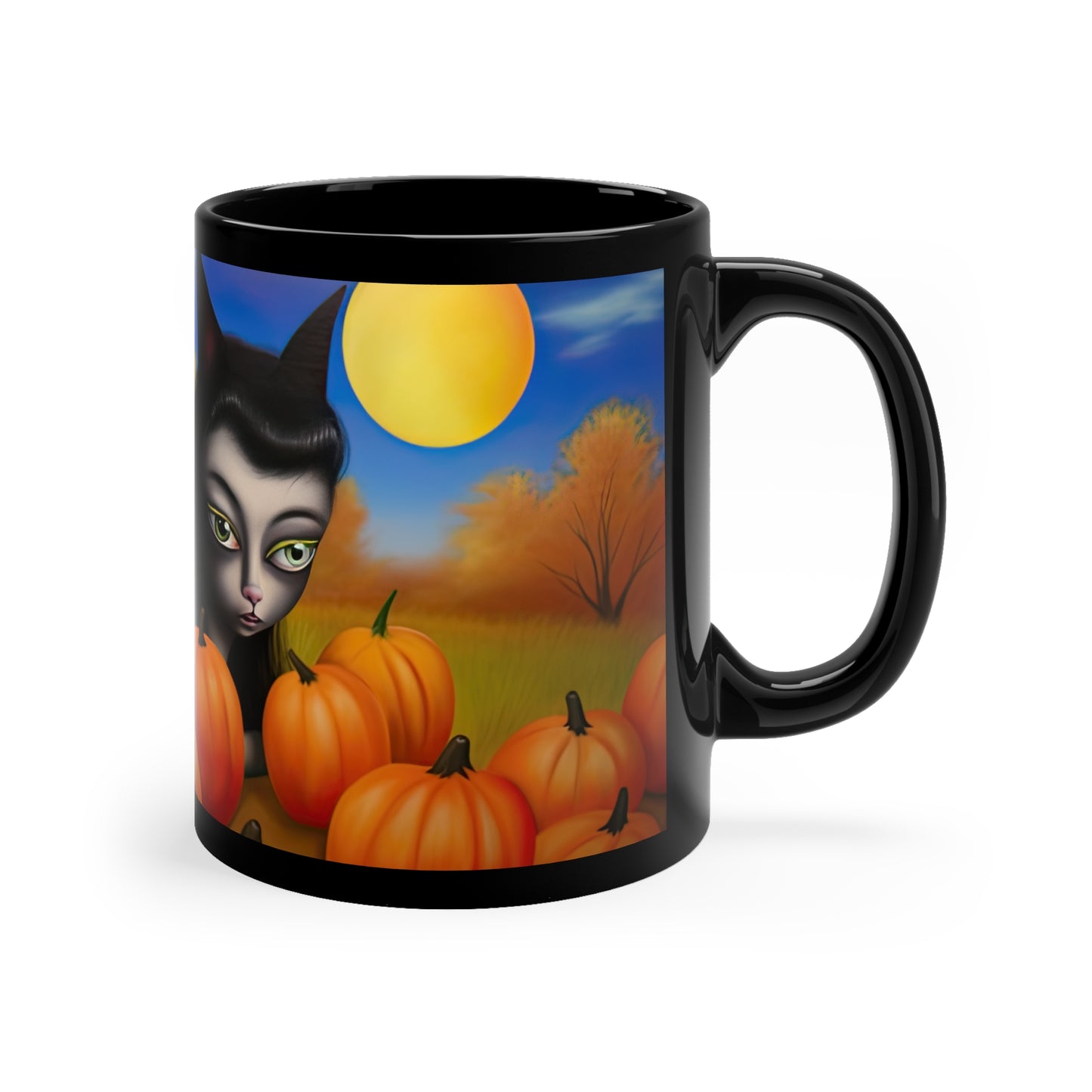 Gothic Cat Girl Halloween With Beautiful Moon And Pumpkins 11oz Black Mug
