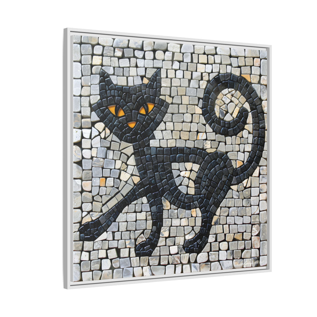 "Curious Black Cat Mosaic", Framed Mosaic Cat Art Print — Colorful Modern Wall Canvas