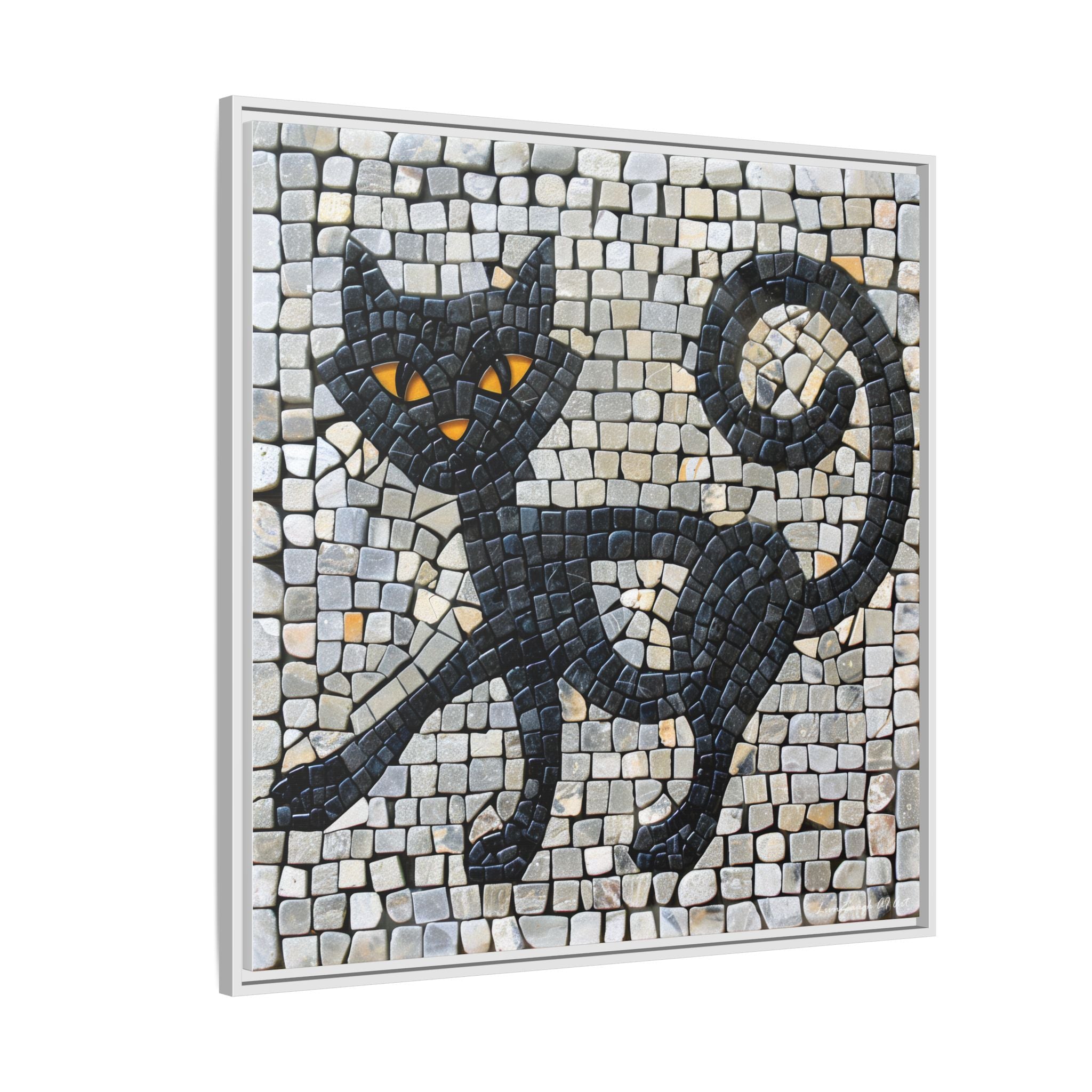 "Curious Black Cat Mosaic", Framed Mosaic Cat Art Print — Colorful Modern Wall Canvas