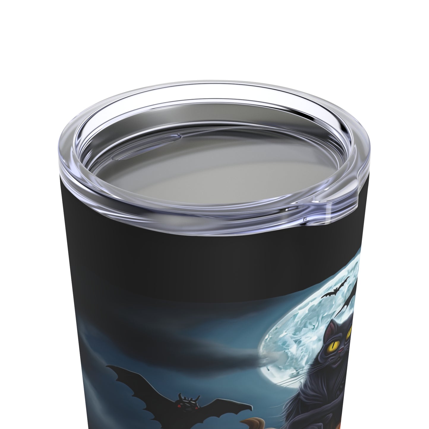 Big Green Eyed Black Cat Fall Halloween, Beautiful Moon With A Stack Of Pumpkins Tumbler 20oz